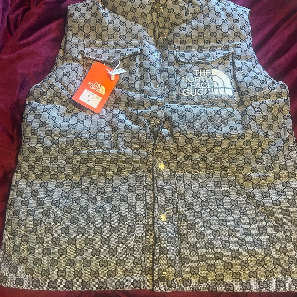 The North Face x Gucci GG-Print Quilted Puffer Vest in Beige/Brown